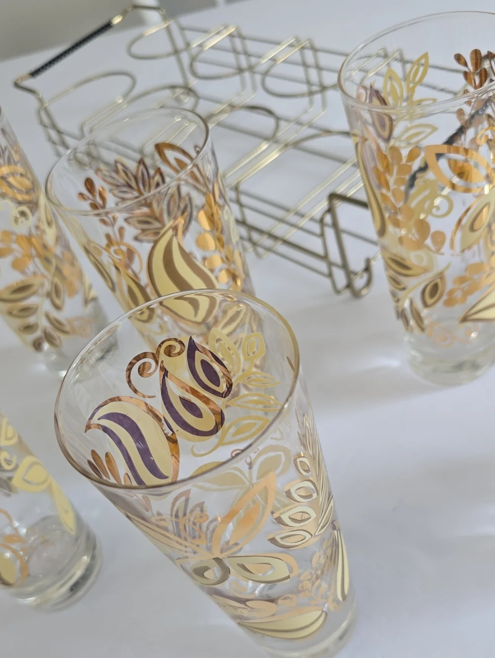 Vintage MCM Set Of 8 Gold Butterfly Leaf Botanical Tumblers With Carrier 12 Oz